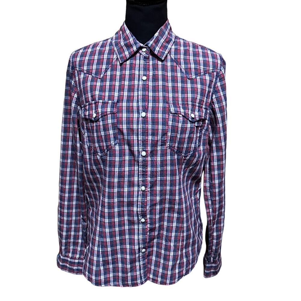 H & M Western Plaid Style Pearl Snap Long Sleeve Pearl Snap Shirt  SIZE 8